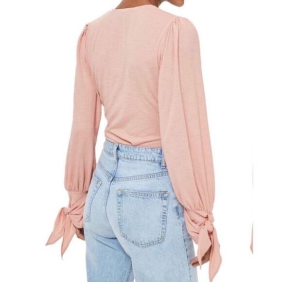 Women's 2 Topshop Wrap Front Tie Sleeve Blouse Blush Pink Textured Ties - Picture 2 of 10